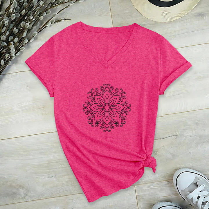 Olivenorma Mandala Inner Strength V-Neck Yoga Meditation T-Shirt - Rose Red - 2XL - image 25