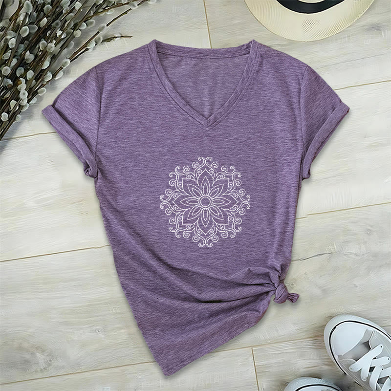 Olivenorma Mandala Inner Strength V-Neck Cotton Yoga Meditation T-Shirt - Purple - 2XL - image 7