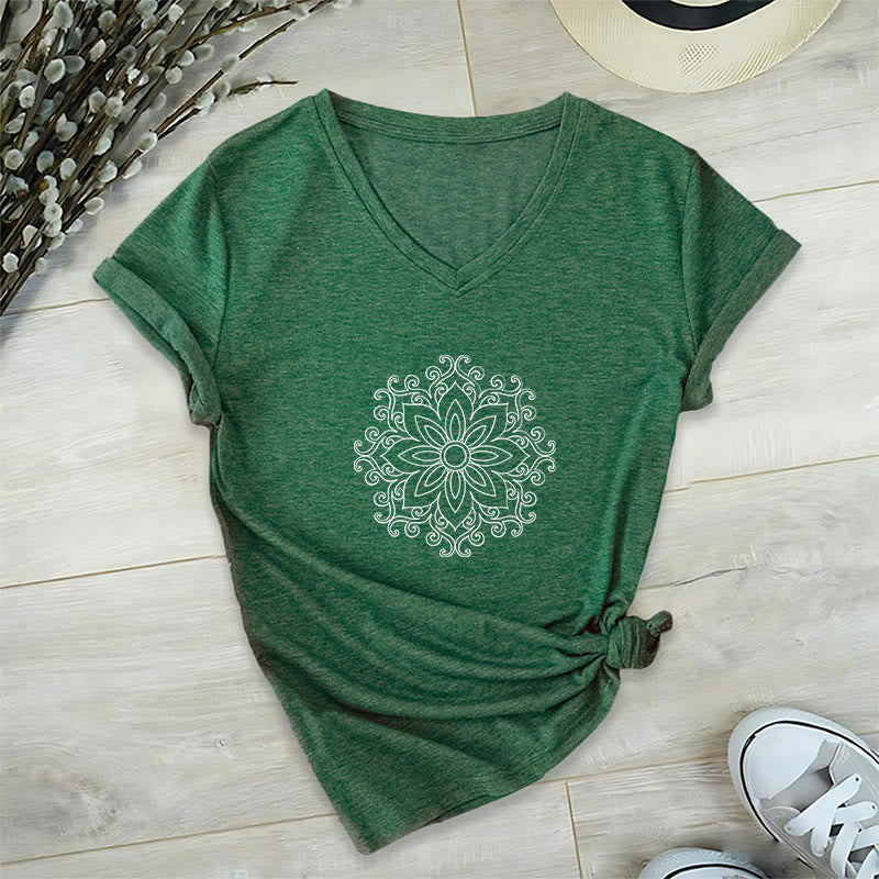 Olivenorma Mandala Inner Strength V-Neck Cotton Yoga Meditation T-Shirt - Dark Green - 2XL - image 17