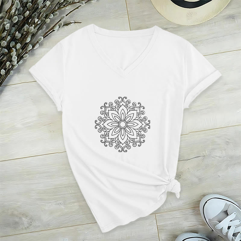 Olivenorma Mandala Inner Strength V-Neck Cotton Yoga Meditation T-Shirt - White - 2XL - image 3