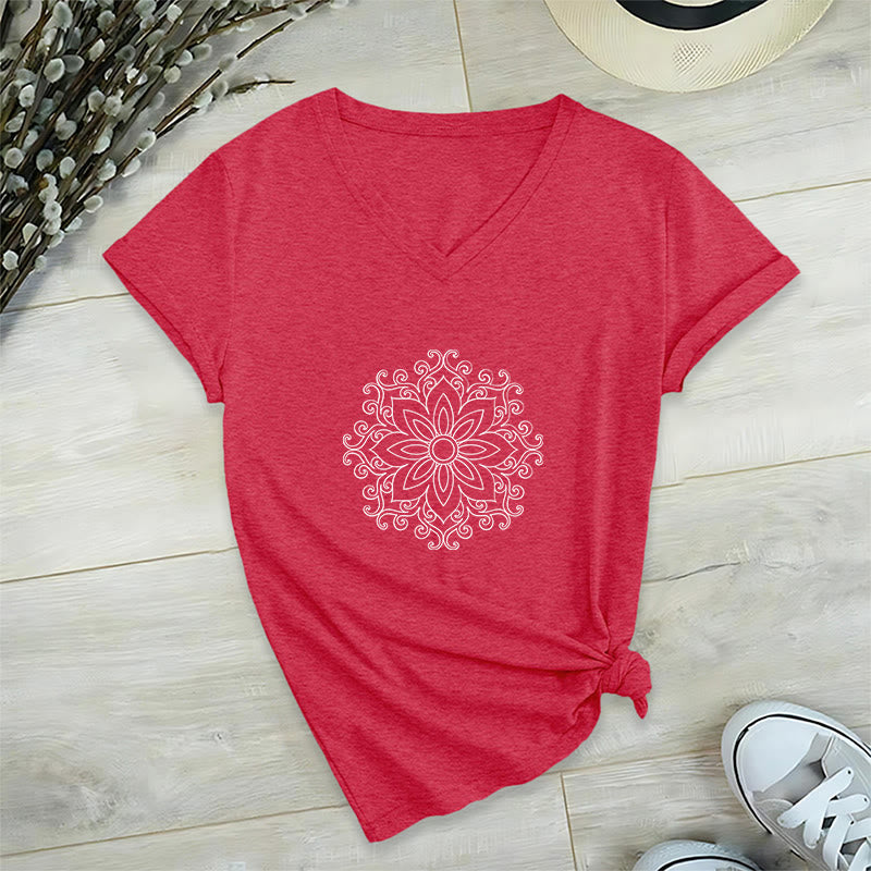 Olivenorma Mandala Inner Strength V-Neck Cotton Yoga Meditation T-Shirt - Red - 2XL - image 21