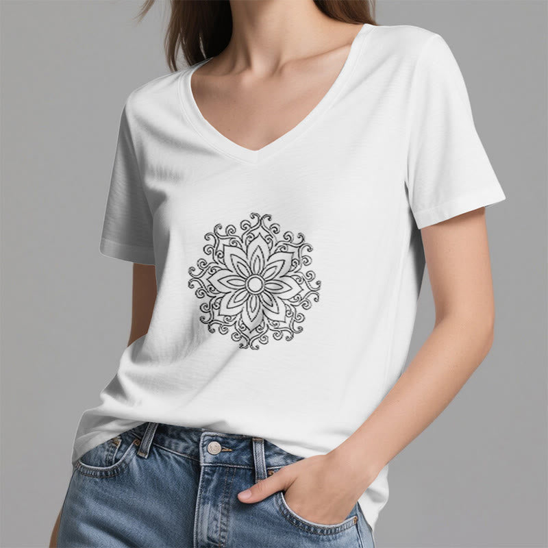 Olivenorma Mandala Inner Strength V-Neck Cotton Yoga Meditation T-Shirt - image 4