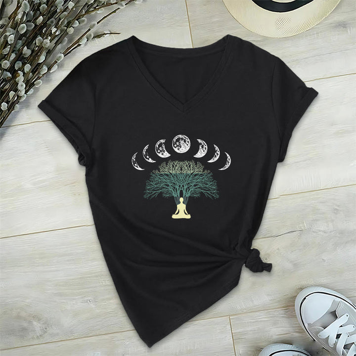 Olivenorma Tree Of Life V-Neck Cotton Yoga Meditation T-Shirt - Black - 2XL - image 5