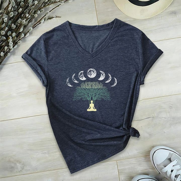 Olivenorma Tree Of Life V-Neck Cotton Yoga Meditation T-Shirt - Navy Blue - 2XL - image 0