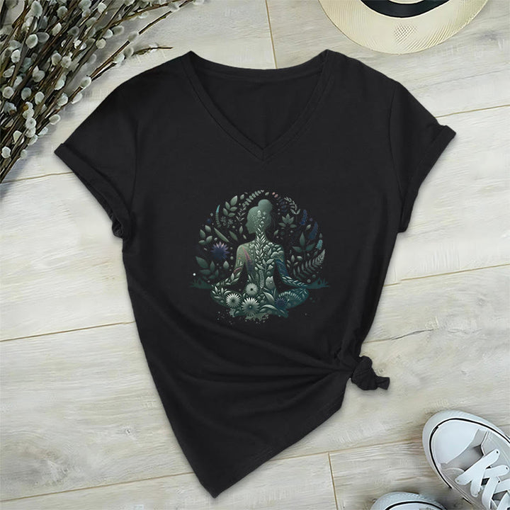 Olivenorma Nature-Infused Mindful Power V-Neck Yoga Meditation T-Shirt - Black - 2XL - image 3