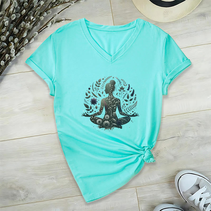 Olivenorma Nature-Infused Mindful Power V-Neck Yoga Meditation T-Shirt - Lake Blue - 2XL - image 13