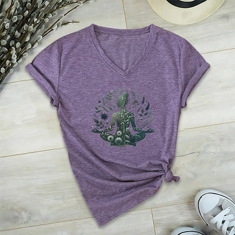 Olivenorma Nature-Infused Mindful Power V-Neck Yoga Meditation T-Shirt - Purple - 2XL - image 7