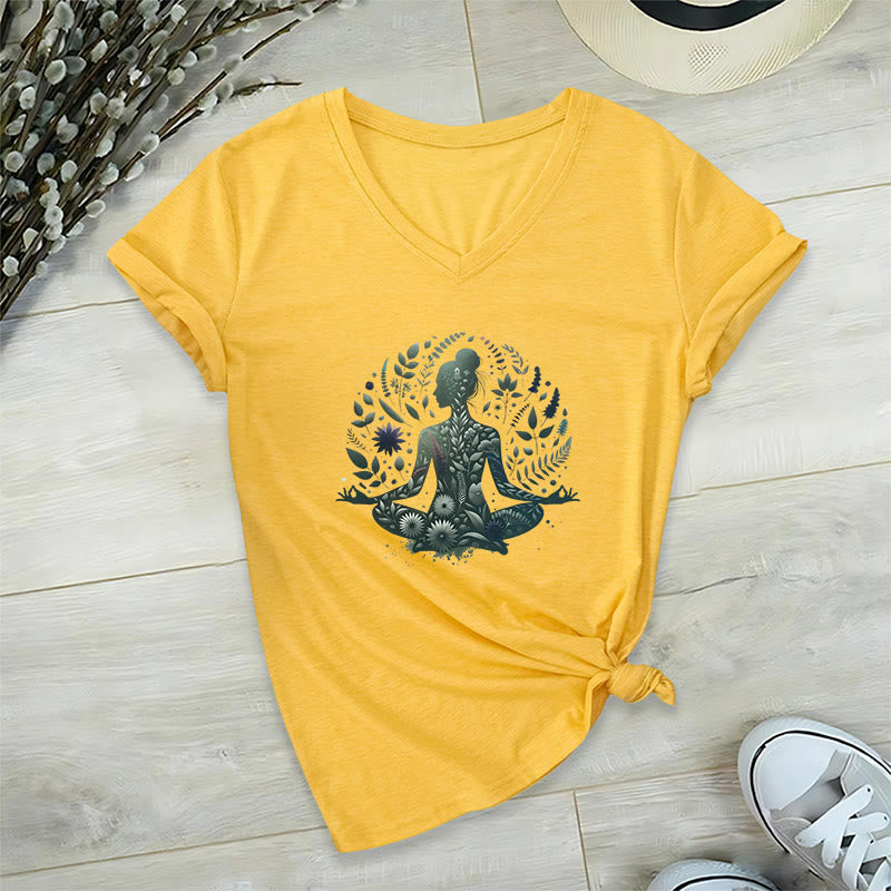 Olivenorma Nature-Infused Mindful Power V-Neck Yoga Meditation T-Shirt - Yellow - 2XL - image 23