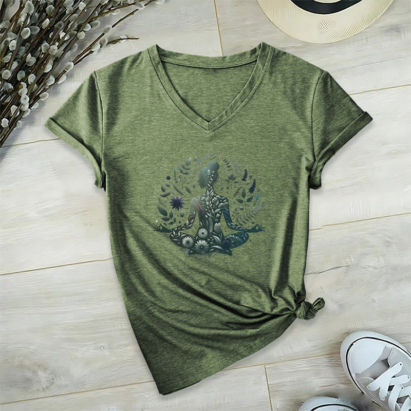 Olivenorma Nature-Infused Mindful Power V-Neck Yoga Meditation T-Shirt - Olive Green - 2XL - image 19