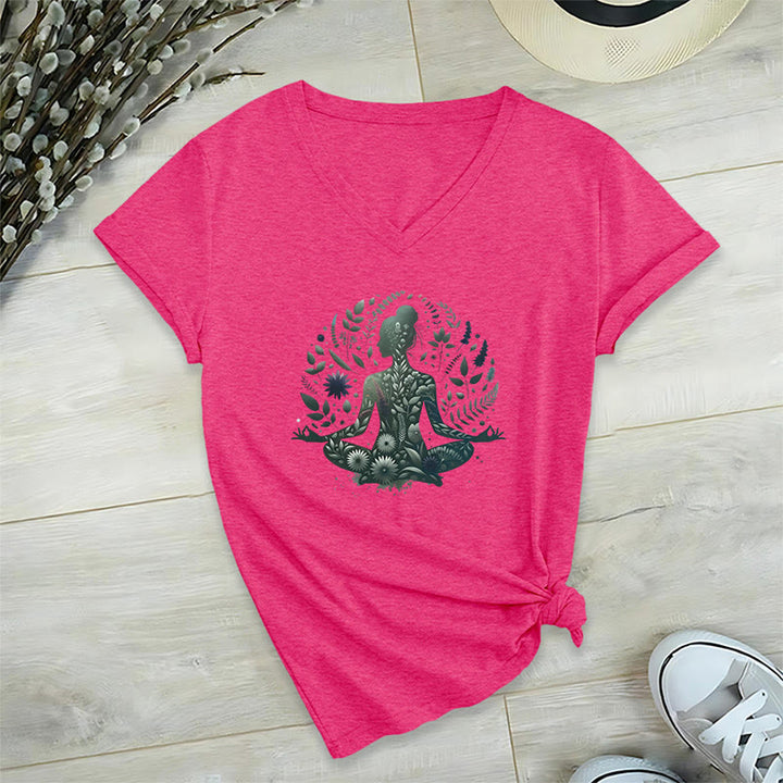 Olivenorma Nature-Infused Mindful Power V-Neck Yoga Meditation T-Shirt - Rose Red - 2XL - image 25