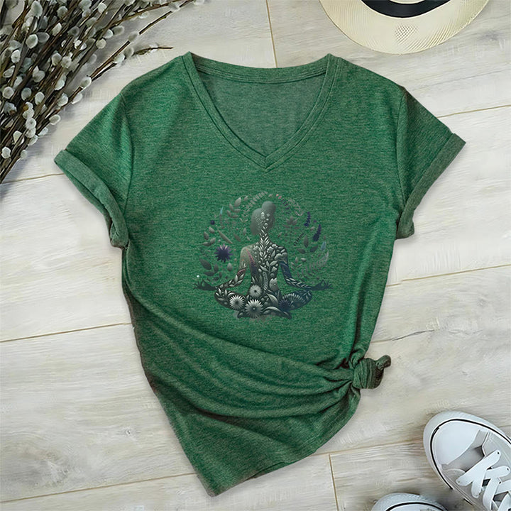 Olivenorma Nature-Infused Mindful Power V-Neck Yoga Meditation T-Shirt - Dark Green - 2XL - image 17