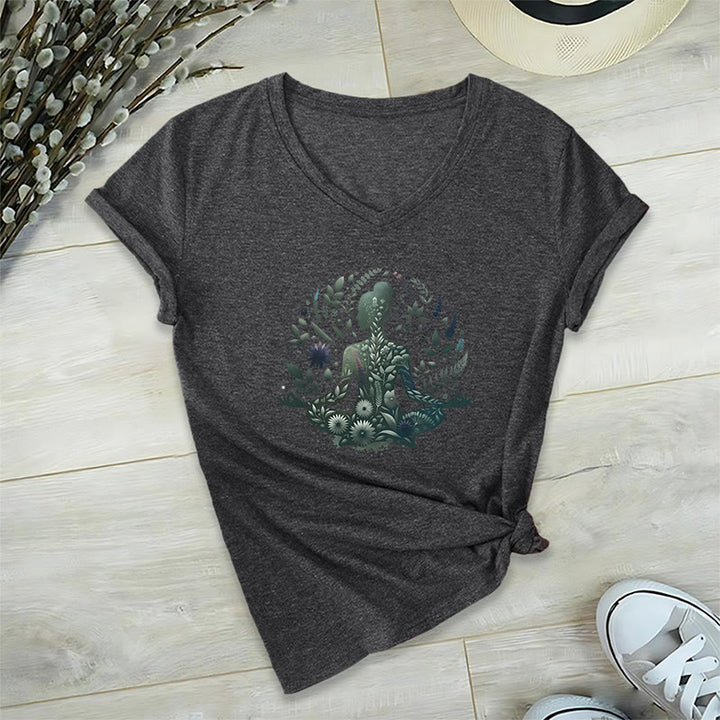 Olivenorma Nature-Infused Mindful Power V-Neck Yoga Meditation T-Shirt - Gray - 2XL - image 5