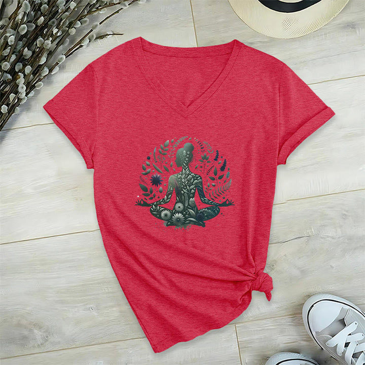 Olivenorma Nature-Infused Mindful Power V-Neck Yoga Meditation T-Shirt - Red - 2XL - image 21