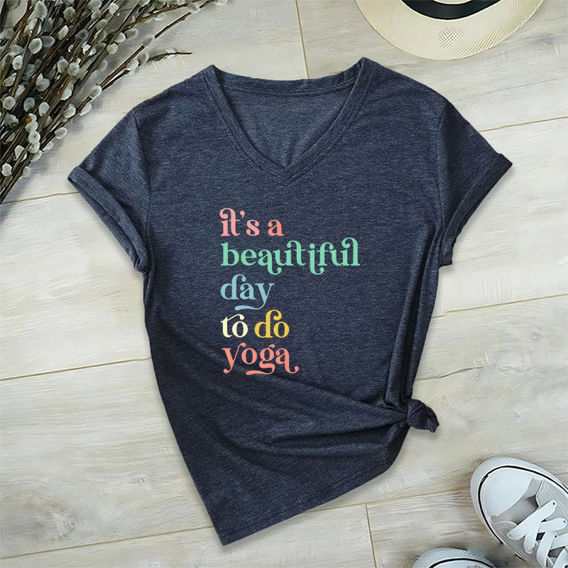 Olivenorma"it's a beautiful day to do yoga" V-Neck T-Shirt - Navy Blue - 2XL - image 11