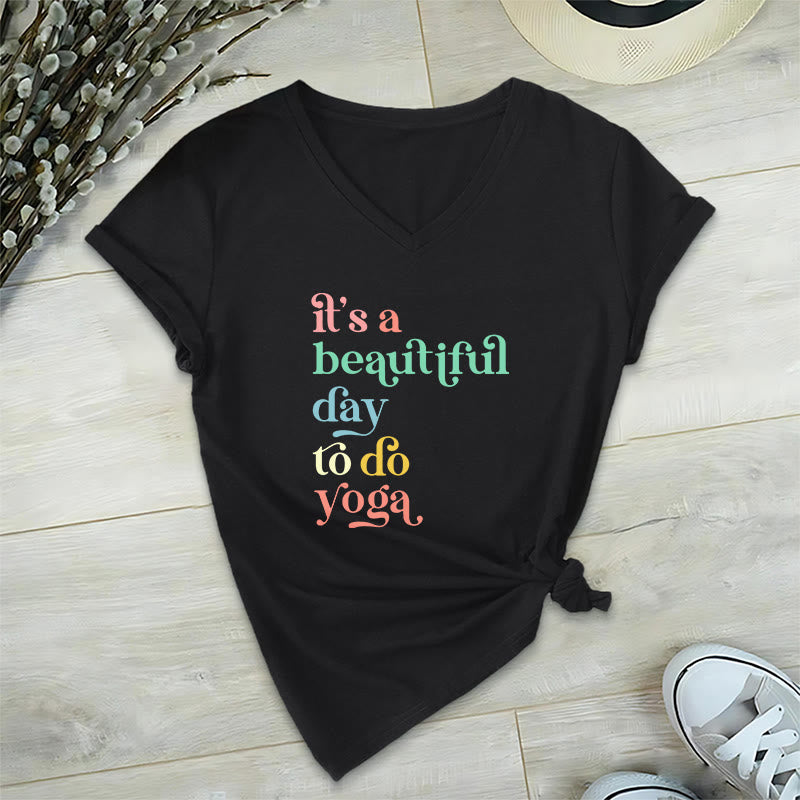 Olivenorma"it's a beautiful day to do yoga" V-Neck T-Shirt - Black - 2XL - image 5