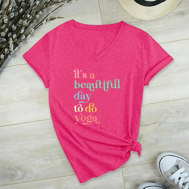 Olivenorma"it's a beautiful day to do yoga" V-Neck T-Shirt - Rose Red - 2XL - image 25