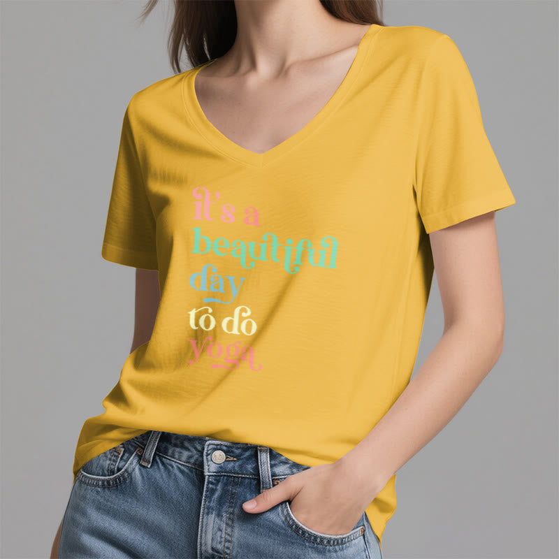 Olivenorma"it's a beautiful day to do yoga" V-Neck T-Shirt - image 24