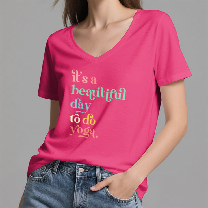 Olivenorma"it's a beautiful day to do yoga" V-Neck T-Shirt - image 26
