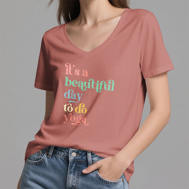Olivenorma"it's a beautiful day to do yoga" V-Neck T-Shirt - image 10