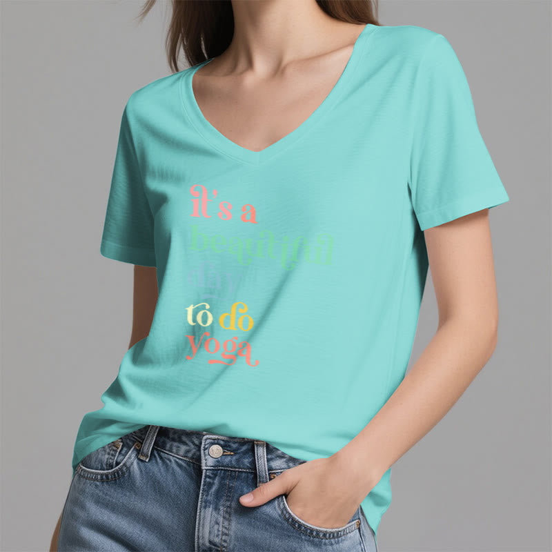Olivenorma"it's a beautiful day to do yoga" V-Neck T-Shirt - image 14