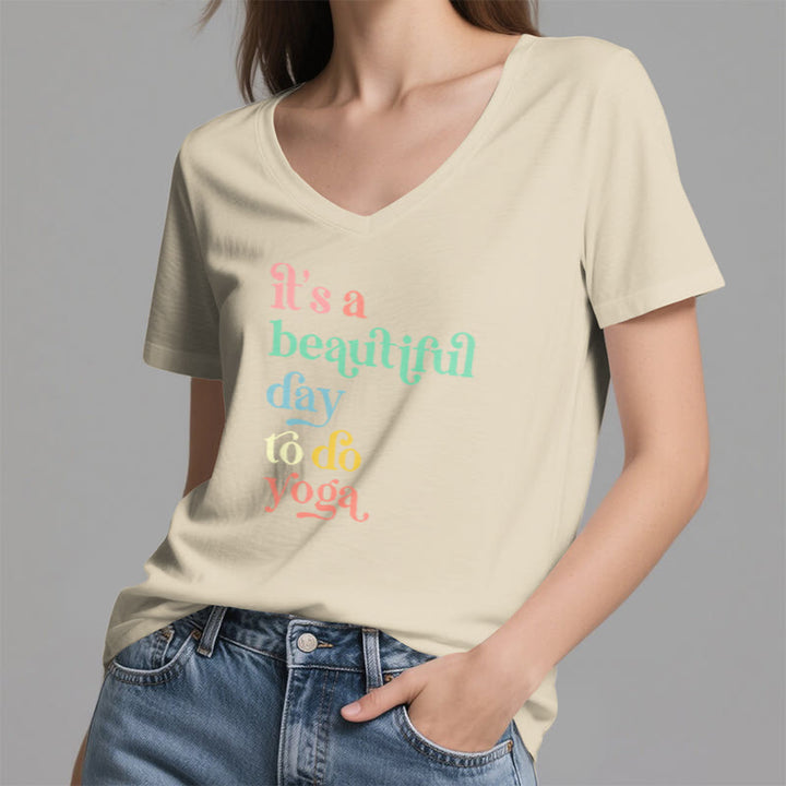 Olivenorma"it's a beautiful day to do yoga" V-Neck T-Shirt - image 16