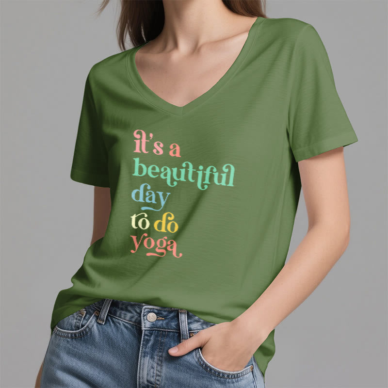 Olivenorma"it's a beautiful day to do yoga" V-Neck T-Shirt - image 20