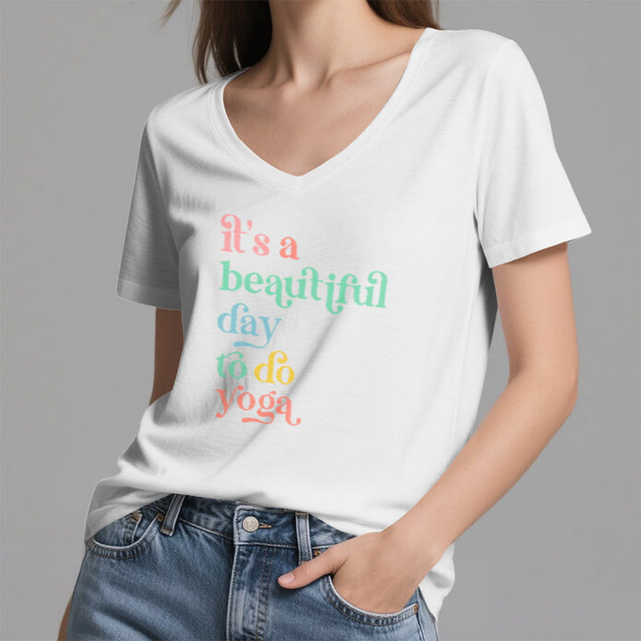 Olivenorma"it's a beautiful day to do yoga" V-Neck T-Shirt - image 4