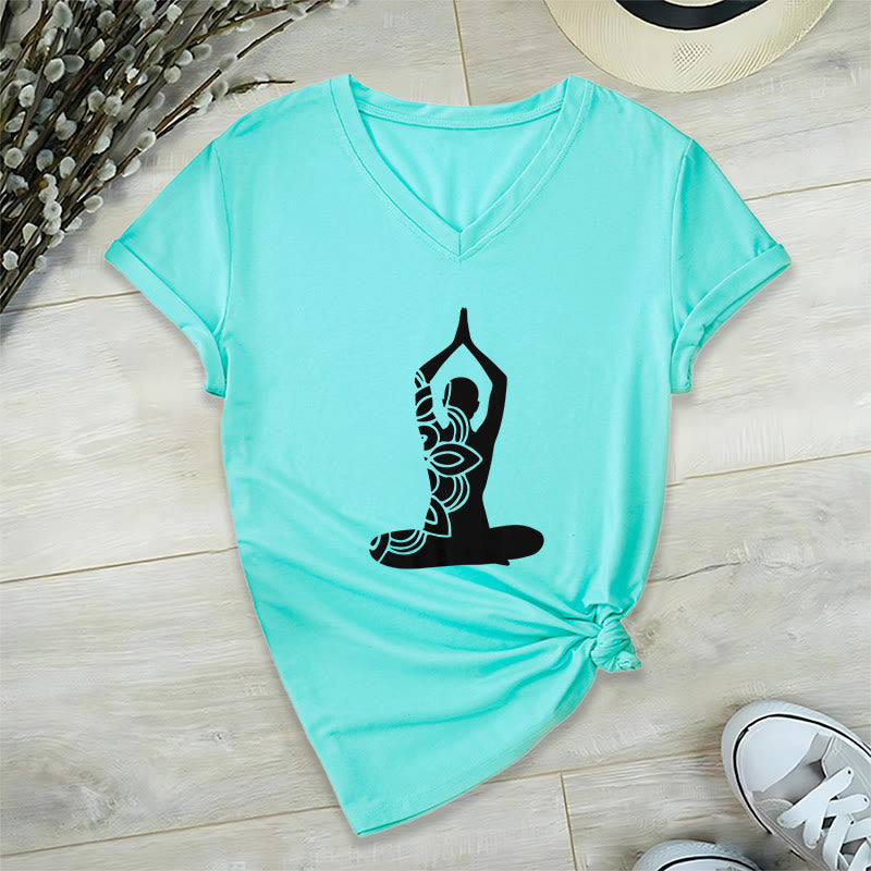 Olivenorma Yoga Pose Mindful Energy V-Neck Meditation T-Shirt - Lake Blue - 2XL - image 15