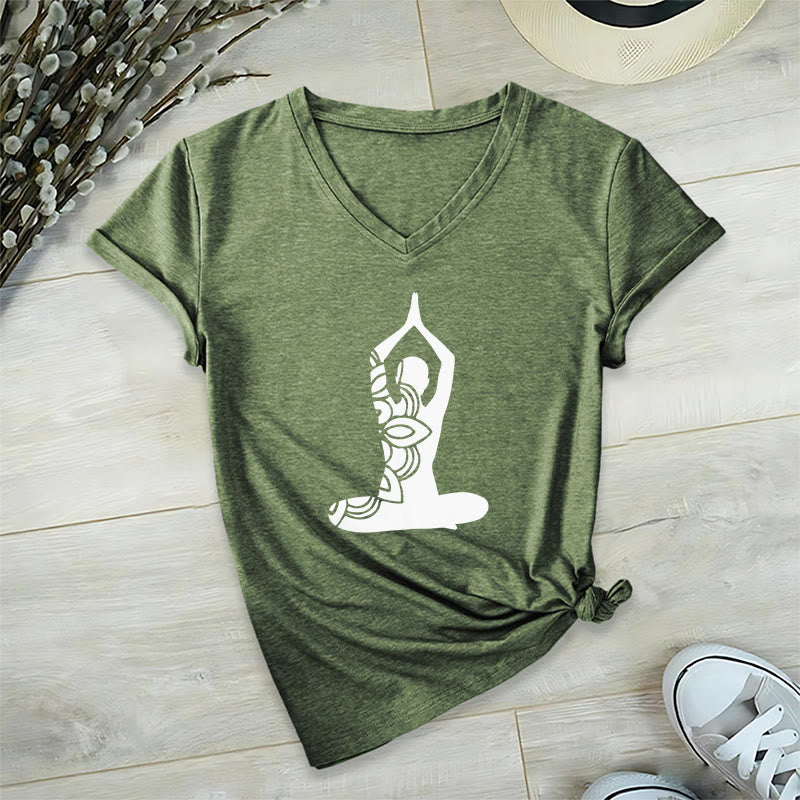 Olivenorma Yoga Pose Mindful Energy V-Neck Meditation T-Shirt - Olive Green - 2XL - image 19