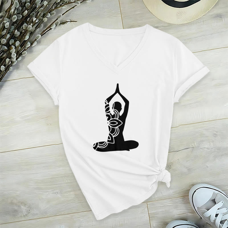 Olivenorma Yoga Pose Mindful Energy V-Neck Meditation T-Shirt - White - 2XL - image 3