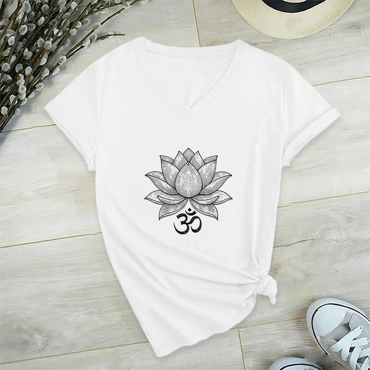 Olivenorma Lotus Mindful Power V-Neck Cotton Yoga Meditation T-Shirt - White - 2XL - image 0
