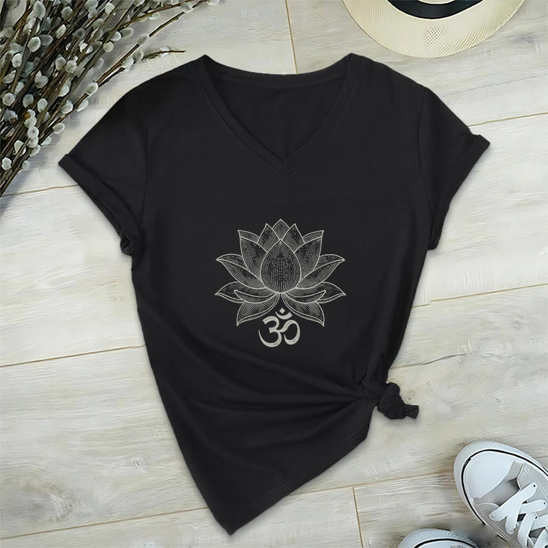Olivenorma Lotus Mindful Power V-Neck Cotton Yoga Meditation T-Shirt - Black - 2XL - image 3