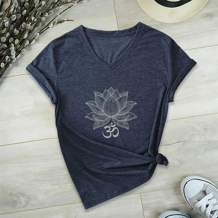 Olivenorma Lotus Mindful Power V-Neck Yoga Meditation T-Shirt - Navy Blue - 2XL - image 11