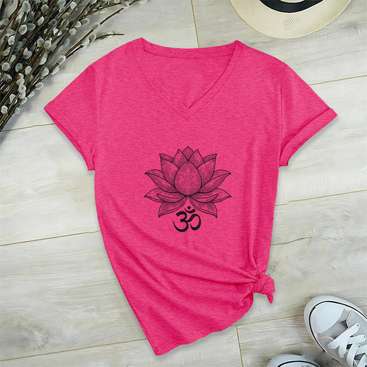 Olivenorma Lotus Mindful Power V-Neck Yoga Meditation T-Shirt - Rose Red - 2XL - image 25