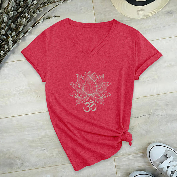 Olivenorma Lotus Mindful Power V-Neck Cotton Yoga Meditation T-Shirt - Red - 2XL - image 21