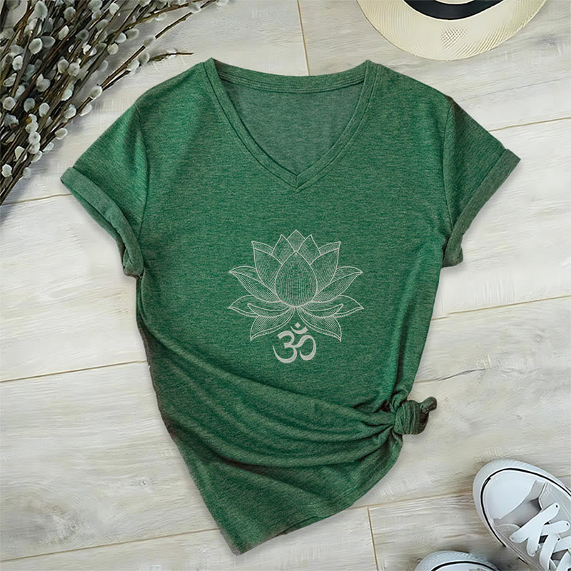 Olivenorma Lotus Mindful Power V-Neck Cotton Yoga Meditation T-Shirt - Dark Green - 2XL - image 17
