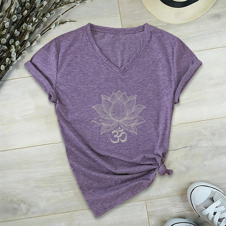 Olivenorma Lotus Mindful Power V-Neck Cotton Yoga Meditation T-Shirt - Purple - 2XL - image 7