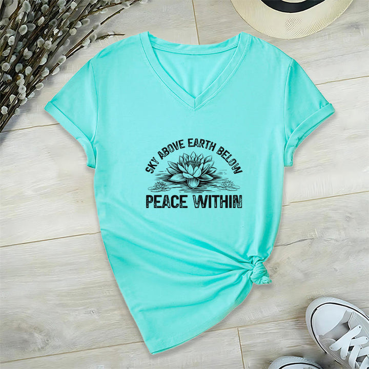 Olivenorma Peace Within Symbol V-Neck Cotton Yoga Meditation T-Shirt - Lake Blue - 2XL - image 15