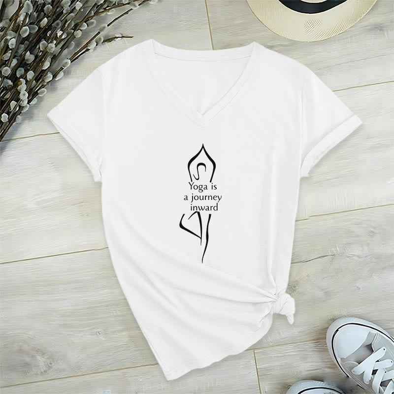 Olivenorma "Yoga is a journey inward" V-Neck Meditation T-Shirt - White - 2XL - image 3