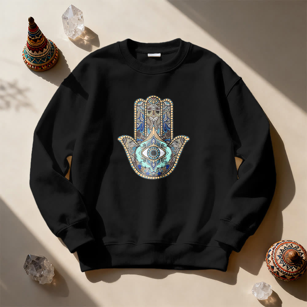 Olivenorma Chic Evil Eye Hamsa Hand Sweatshirt - Black - 2XL - image 3
