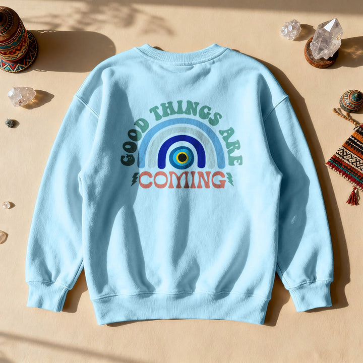 Olivenorma "Good Things Are Coming" Evil Eye Rainbow Sweatshirt - Blue - 2XL - image 5
