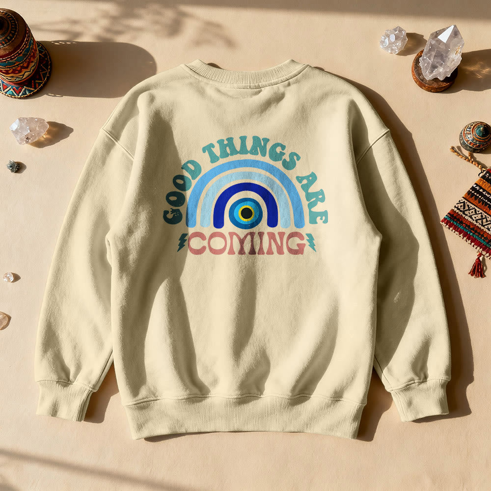 Olivenorma "Good Things Are Coming" Evil Eye Rainbow Sweatshirt - Khaki - 2XL - image 4