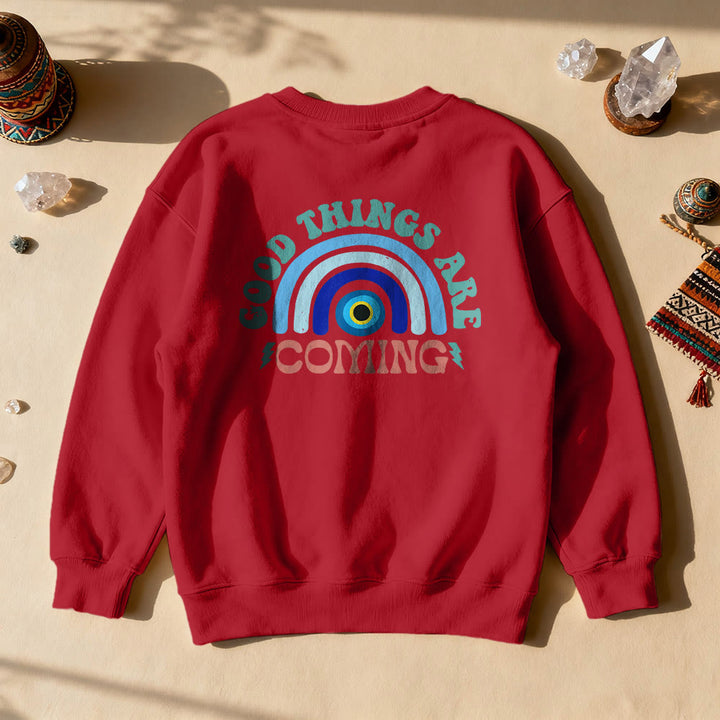 Olivenorma "Good Things Are Coming" Evil Eye Rainbow Sweatshirt - Red - 2XL - image 6