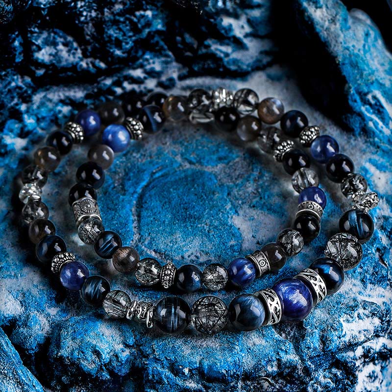 Olivenorma Blue Tiger Eye&Black Quartz Rutilated Beaded Bracelet - 17cm - image 0