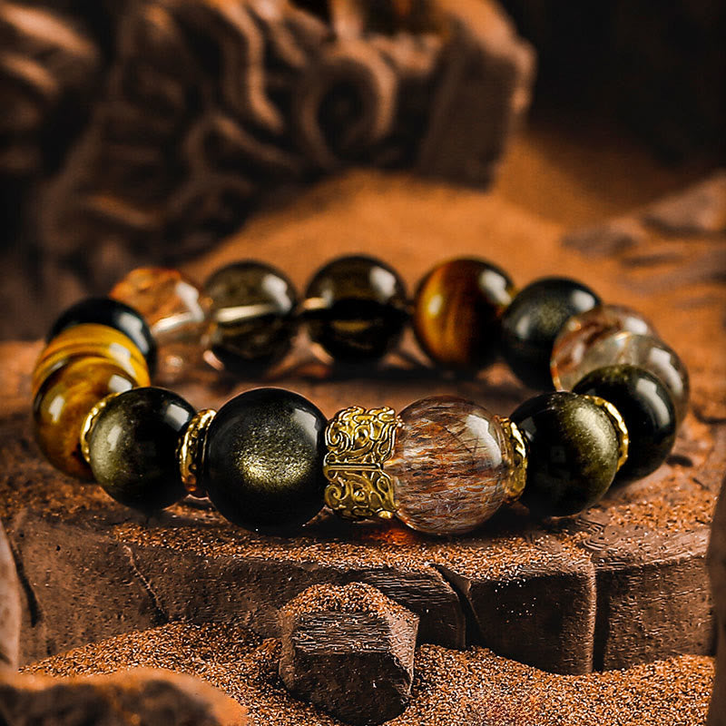 Olivenorma Black Quartz Rutilated&Tiger Eye Beaded Bracelet - 17cm - image 0