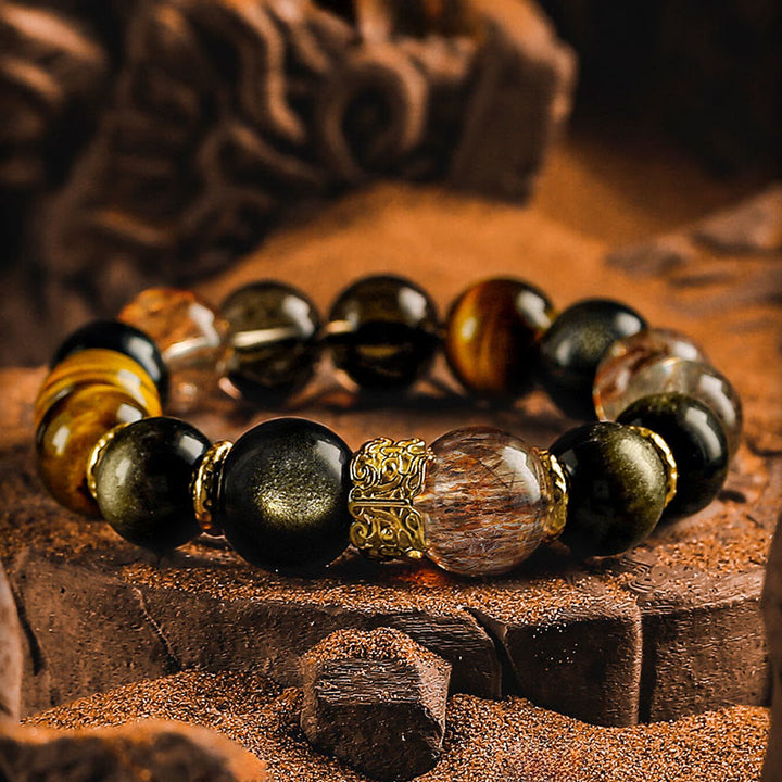 Olivenorma Black Quartz Rutilated&Tiger Eye Beaded Bracelet - 17cm - image 0