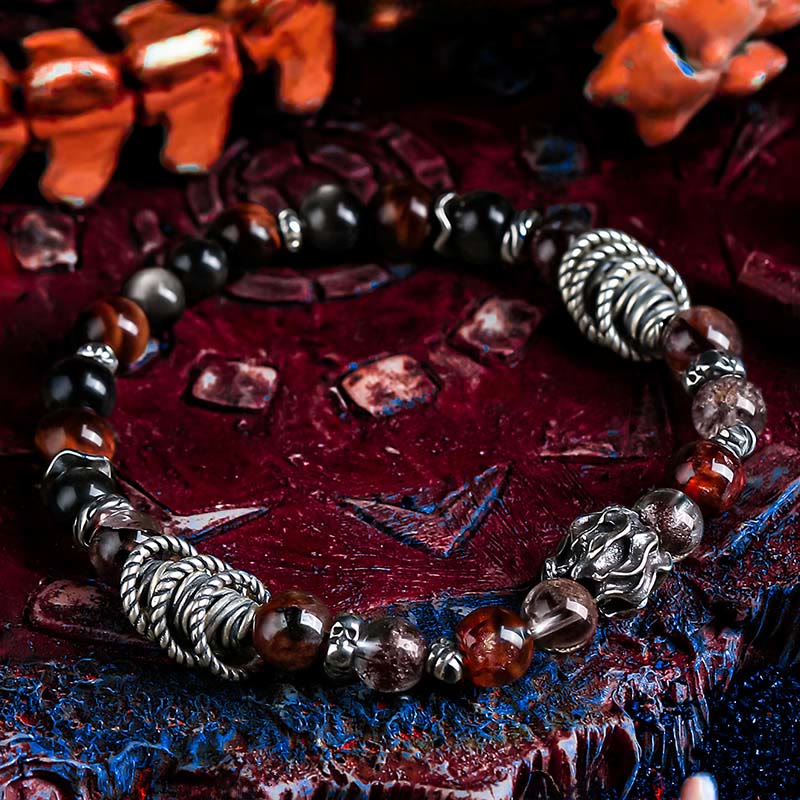 Olivenorma Red Phantom Quartz&Silver Obsidian Beaded Bracelet - image 1