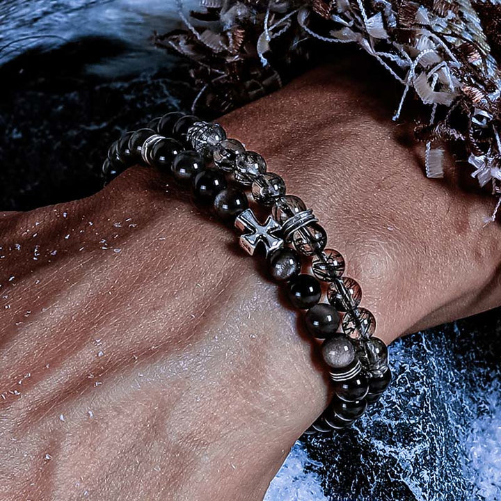 Olivenorma Cross Silver Obsidian&Black Quartz Rutilated Double Bracelet - image 4