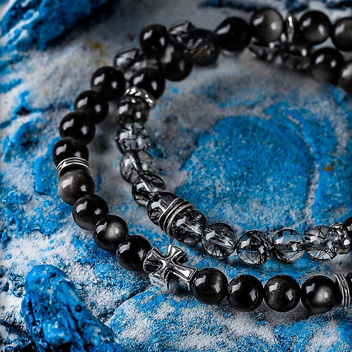 Olivenorma Cross Silver Obsidian&Black Quartz Rutilated Double Bracelet - image 2