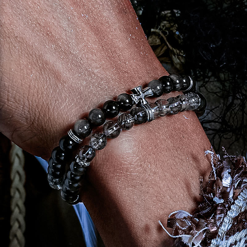 Olivenorma Cross Silver Obsidian&Black Quartz Rutilated Double Bracelet - image 3